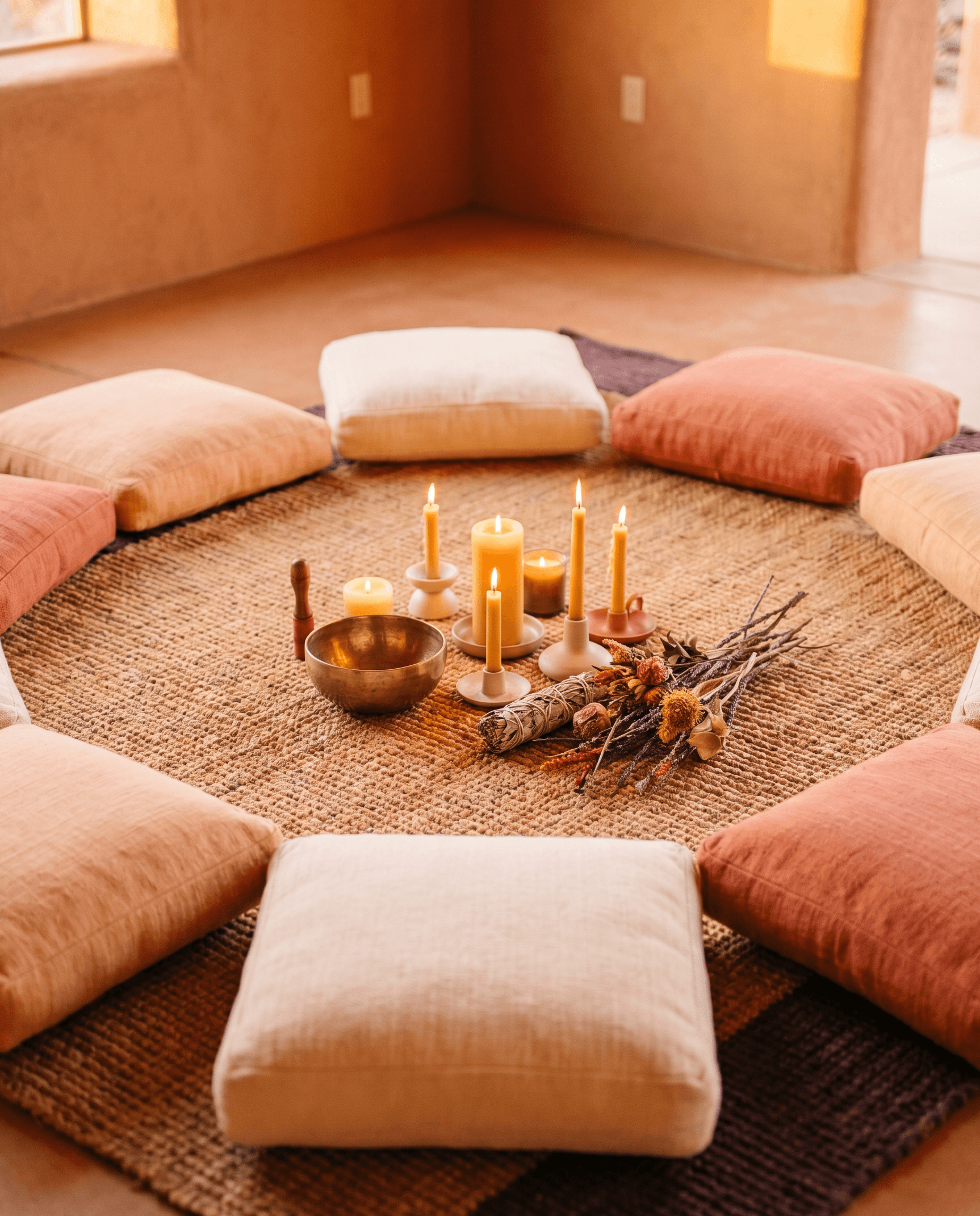 A warm circle of floor cushions gathered around candlelight and a brass singing bowl