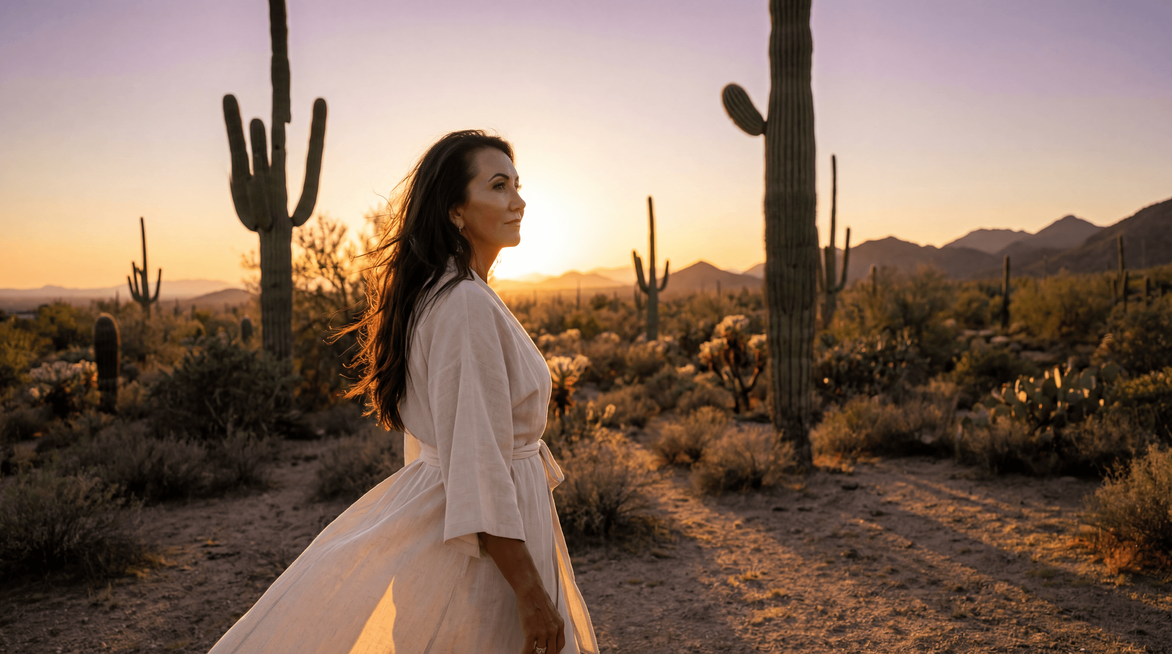 Linda Joy walking through the Sonoran Desert at golden hour
